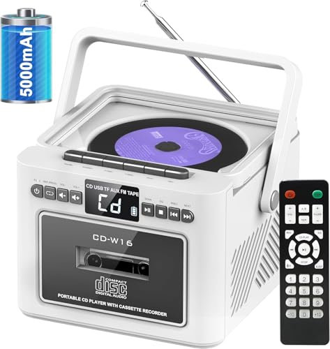 Jazmm Boombox - Lettore CD, lettore CD con Bluetooth, altoparlanti HiFi da 5 W, batteria ricaricabile 5000 integrata, radio FM, registrazione su nastro, telecomando, USB/AUX/Micro SD/cuffie da 3,5 mm