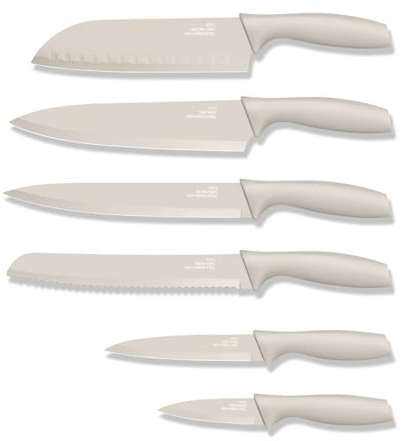 Joyfair Messerset, 6-teiligs Antihaft Karbonstahl Küchenmesser Messer Set mit Schützend Messerscheide, Khaki Scharfe Schneidemesser Gemüsemesser zum Schneiden/Schälen, Rostfrei & Leicht zu Reinigen