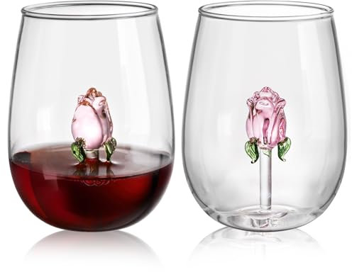 Pumtus Set of 2 Stemless Wine Glassware with Rose Inside, 20 OZ Large Stemless Floral Wine Glasses, Unique Short Wine Tumbler, Romantic Fancy No Stem Beverage Cup for Lover Gift, Wedding, Bar