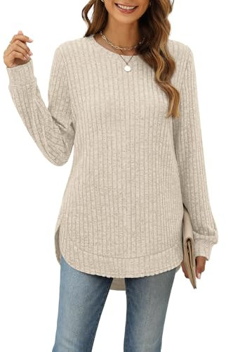 Aokosor Ladies Jumpers for Women UK Long Sleeve Tops Side Split Women Jumpers Curved Hem Ladies Tunic Tops Womens Jumper 10-12 Beige