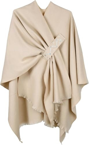 Shmily Girl Poncho Femme Tricot Cape Réversible Couverture Elégante Epaule Chaude Echarpe Tricotée Manteau pour Printemps Automne (Beige)