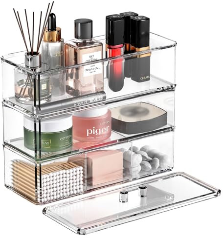 PAVSTINE Organizer Trucchi 3 Strati, Plastica Portatrucchi Organizzatore con Coperchio, Porta Pennelli Make up, Scatola per Trucco Adatto per Toilette da Trucco, Bagno, Trasparente