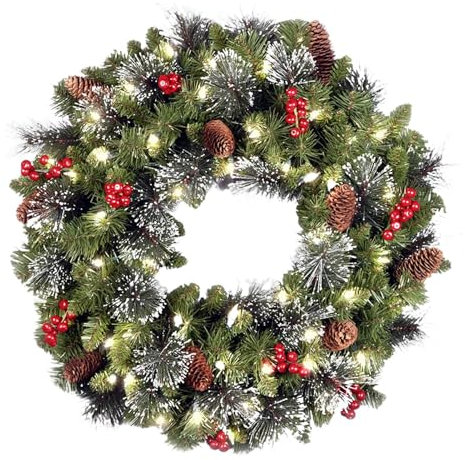 Weihnachtskranz mit Beleuchtung, 40cm Türkranz Weihnachten Außen, Künstlicher Weihnachtskranz mit Tannenzapfen und Beeren, Dekokranz Weihnachten für Haustür Wand Tür Kamin Fenster Weihnachtsdeko