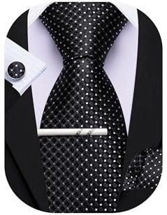 Barry.Wang Gestreifte Krawatte mit Krawattenklammer für Herren, Seidenkrawatte, Einstecktuch, Manschettenknöpfe, Set, formell, Business, Hochzeit, Party, Schwarz A, Einheitsgröße