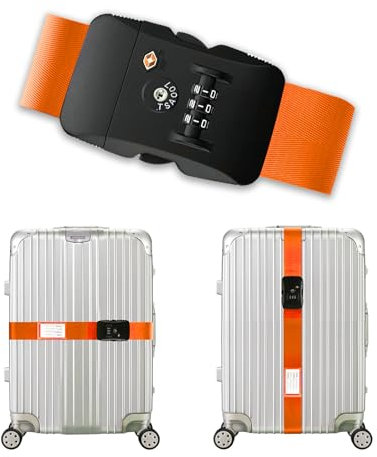 Veki Sangles de Bagages Réglables, Sangle de Valise Voyage avec TSA Mot De Passe, Ceinture Valise avec Étiquette Nominative, Sangle d'identification Personnalisée pour Bagages, Sacs, Valise (Orange)