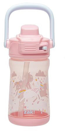 Zak Designs Kinder-Wasserflasche für Reisen oder zu Hause, 340 ml, Kunststoff, langlebig und auslaufsicher, mit Flüssigkeitsverschluss, Deckel, Tragegriff, schützender Boden (Einhorn)