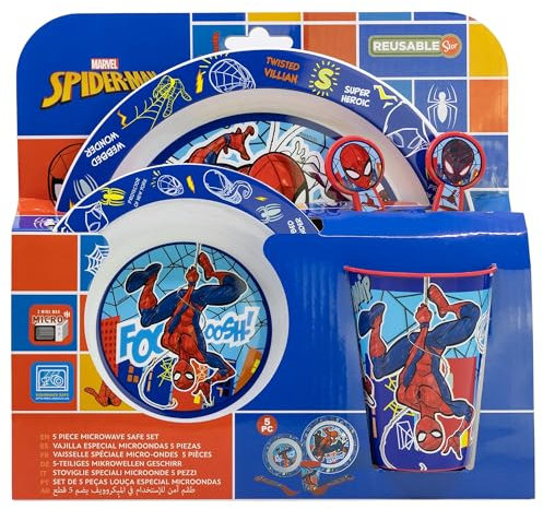 Set vajilla infantil reutilizable apta para microondas compuesto por vaso, plato, cuenco y cubiertos de Spiderman
