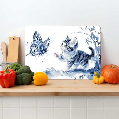Textured Glass Chopping Board Worktop Saver for Kitchens, Durable, Easy-Clean, Scratch Resistant, Hygienic Glass, Non Slip Feet, Cat, Available in Two Sizes (L)