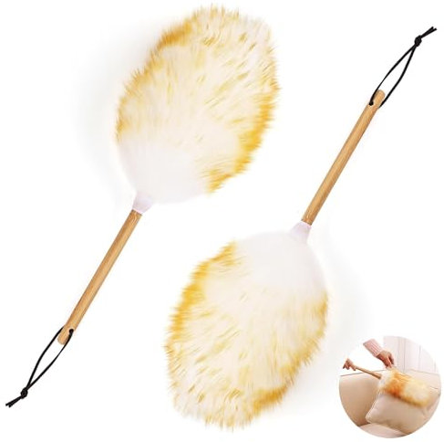 2 Pcs Lambswool Duster, Wooden Handle With Hanging Rope, Anti Static Cleaning Brush, Versatile And Reusable, For Cleaning Wall, Plant, Desk & Blind