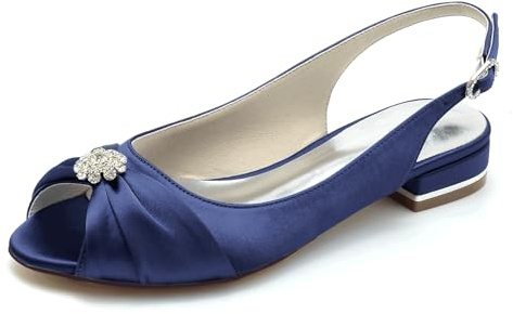 Women's Peep Toe Bridal Shoes with Rhinestone Sexy Satin Chunky Low Heels Slingback Sandals for Ankle BuckleEvening Party Ballet Court Shoes
