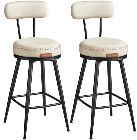 VASAGLE Tabourets de Bar Pivotant à 360°, Lot de 2, Rembourré, Dossier | PU avec Coutures, Style Transitionnel, 54 x 54 x 90,3 cm, Blanc crème et Noir mat, Collection EKHO LBC089W01