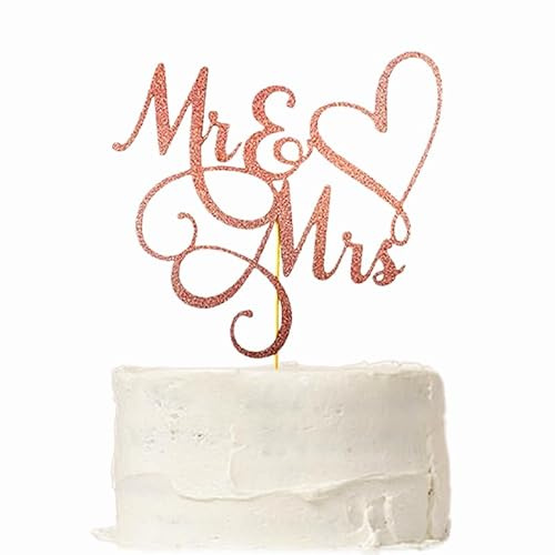 Wedding Cake Topper, Mr and Mrs Cake Topper, Just Married Cake topper, Glitter Bridal Shower Decoration, 6.1x6.7 Inch Anniversary Party Supplies (Rose Gold)