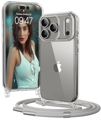 OLEPHY Handykette für iPhone 17 Pro Max Hülle mit Band, Silber | Necklace Handyhülle, Transparente Schutzhülle zum Umhängen [Verstellbarem und Demontage Umhängeband],