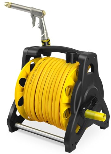 XYJBHB Compact Hose Reel with 30 m (ø 12 mm) Hose Pipe Reel | Free Standing Garden Hose Holder with Adjustable Spray Nozzle Gun, Portable Hose Pipe Reel for Patio, Car Cleaning & Lawn
