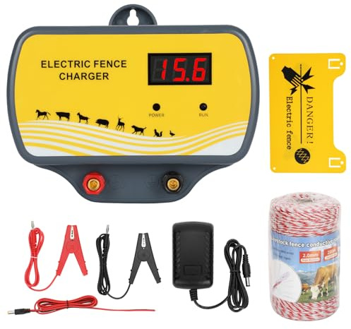 Electric Fence Charger 12V Input to 12KV Output, 2 Joule, 120 Acre Plug-in Electric Fence Energizer for Wildlife Control & Animal Intrusion Prevention Includes Warning Signs and Conductive Wire
