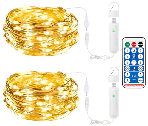 Liyade Mini Aufladbare Lichterkette mit Timer, 10 m 100 LED, Fernbedienung | USB-aufladbar, Warmweiß, Wasserdicht und 8 Modi, für Innen, Außen, Weihnachten, Party und Hochzeit( 2 Stück)