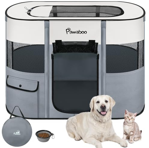 Pawaboo Tragbarer Haustierstall, Faltbarer Hundelaufstall mit Wasserdichtem Oxford, Katzengehege mit Reisetasche Faltbarem Napf, Indoor Outdoor Gebrauch für Welpe Katze Kaninchen, L, Grau