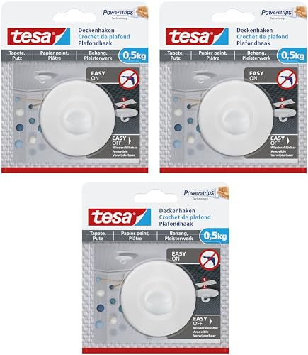 tesa Deckenhaken Tapeten und Putz - Selbstklebender Haken - Ideal Zur Befestigung Von Deko-Objekten - Spurlos Ablösbar, Weiß (Auf empfindlichen Oberflächen, 0,5 kg - 3 Haken)