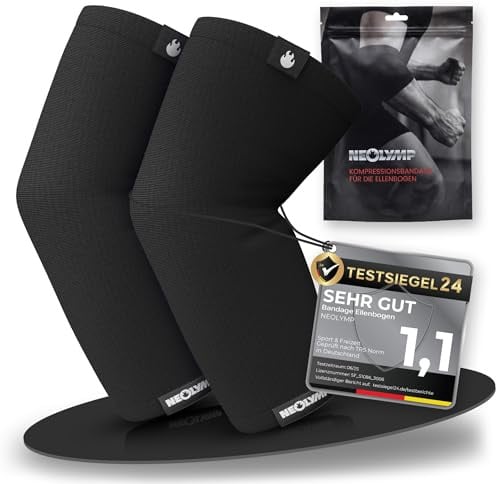 NEOLYMP Ellenbogenbandage Kraftsport – Kompressionsbandage für Bodybuilding, Tennisarm & Golferarm – Stabilität bei Dips & Push-Ups – Elastische Bandage (Schwarz, M | 23-31 cm)