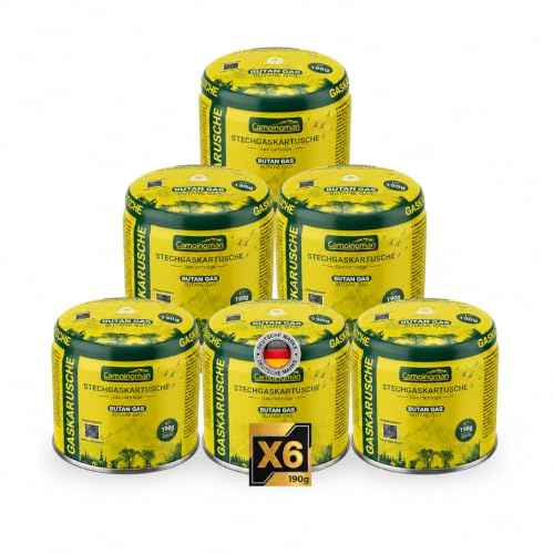 Campingman 6 x 190g Stechkartuschen mit Gas Block System – Typ 200 Gaskartusche kompatibel mit C206 Geräten – EN417 geprüft Butangas Kartusche für Campingkocher, Gaskocher, Lötbrenner & Gasbrenner