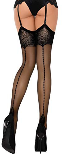Fiore Bas Grande Taille pour Porte Jarretelles - Motif effet Couture et Talon Cubain (5, Noir)
