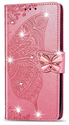 Reevermap iPhone 11 Case Glitter Cystal Flip PU Leather Phone Cover for iPhone 11, Shockproof Wallet Card Slots Butterfly Embossed Gems Bling Shiny Magnetic Clasp Kickstand, Pink