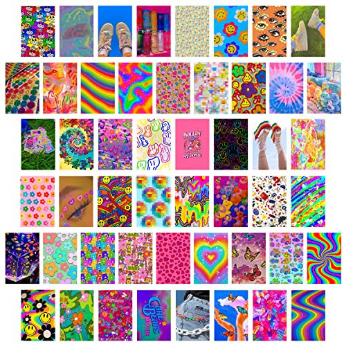 CY2SIDE 50pcs Bunte Hippie ästhetisches Bild für Wandcollage, helles Collage Set, Colorful Raumdekoration, Wandkunstdrucke, Schlafsaal Foto Display, VSCO Poster für Schlafzimmer