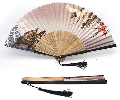 1SourceTek Silk Hand Held Fan 8.27 inches (21cm) Hand Fans for Women Folding, Hand Fan Folding for Gift, Decoration - Japanese Retro Style (Tortoise and Crane)