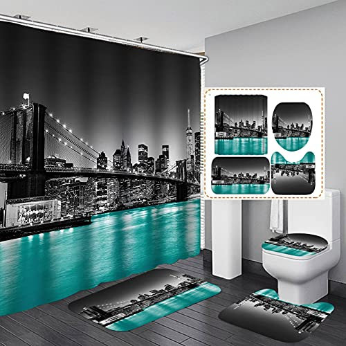 Jayden Madge Lot de 4 rideaux de douche en tissu avec motif pont de Brooklyn et vue de nuit pour décoration de salle de bain Motif paysage de New York Bleu sarcelle