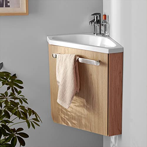 MOB-IN Meuble Lave-Mains SKINO décor chêne avec Vasque Blanche + Robinet chromé