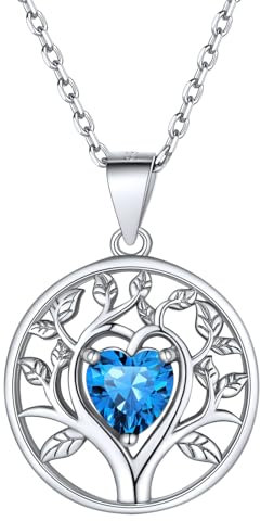 Supcare Anhänger Lebensbaum Damen Baum des Lebens Halskette mit Herz CZ Silber 925 Kette mit Geburtsstein Kettenanhänger Synthetic Blautopas Tree of Life Necklace Modeschmuck für Verlobung Muttertag