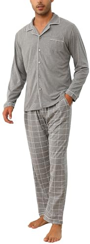 Bresdk Pyjama Herren Lang Baumwollmischung Schlafanzug mit Reverskragen