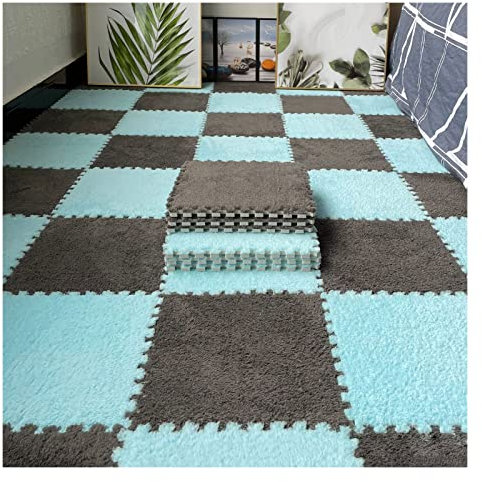 12 Pcs Interlocking Carpet Tiles, Plush Foam Square Floor Mats Set, Puzzle Floor Mat for Living Room, Bedroom and Hard Floor, 12 Tiles/12 Sq.Ft(Color:Grey+Light Blue)