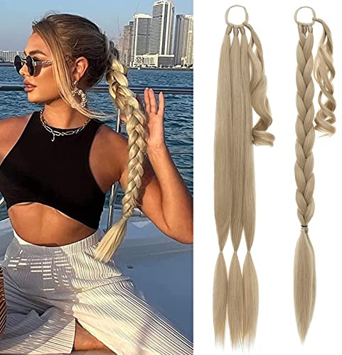 MY-LADY Long DIY Braided Ponytail Extension with Elastic Tie Straight Wrap Around Braid Hair Extensions Pony Tail Soft Synthetic Hairpiece for Women 34 inch Ash Blonde
