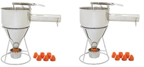 eGenuss 2 Embudos dispensadores de masa en acero inoxidable con asa desmontable + boquillas de silicona + pedestal con colector de masa + bolsa | porcionador de masa con medida graduada | 1200ml
