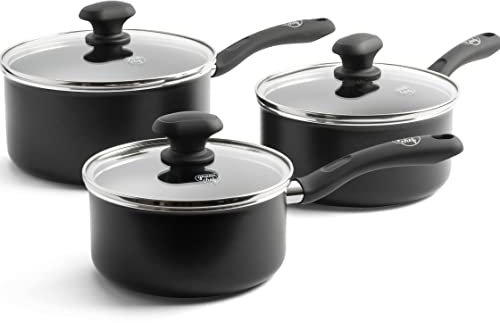 GreenChef Diamond Healthy Ceramic Non-Stick, 3-Piece Saucepan Set with Lids, 16cm/1.5L, 18cm/2.1L and 20cm/3.1 L, Milkpans Pots, PFAS-Free, Induction Suitable, and Oven Safe up to 160˚C, Black