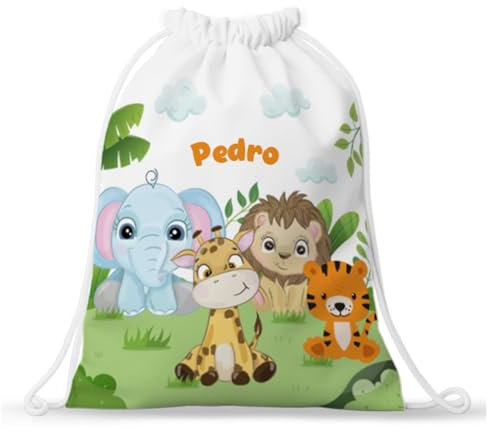 Transparent Gift Mochila Infantil Personalizada con Nombre y diseño de Animales Selva Niños y Niñas. Mochila de Cuerdas Guardería. Bolsa de Tela Colegio y Excursión. Mochilas Infantiles Vuelta al Cole