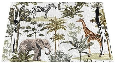 NIBABAEU Gewebte Platzsets, Tropische Palmen, Tiere, Giraffe, Elefant, geeignet für Küche, Esstisch, Wärmeisolierung, 45 x 30 cm, 6 Stück