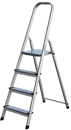 KUNZER 7AL04 Klapp-Trittleiter mit 4 Stufen - Aluminium - klappbar - 45 x 88 x 142 cm - bis 150 kg, Anti-Rutschbelag