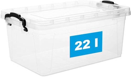 Aufbewahrungsbox mit Deckel und Griff, 22 Liter - Stapelbare Plastikbox aus lebensmittelechtem Kunststoff, Made in EU, transparent – Ideal für Küche & Haushalt, Platzsparend & BPA-frei