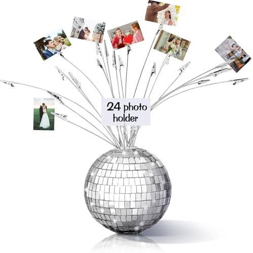 Geyoga Disco Ball Photo Tree Holder with 24 Branches Silver Money Tree Gift Card Holder with Clips for Display Photo Picture Memo Note Menu Disco Ball Table Centerpieces for Wedding Party, 5.9 Inch