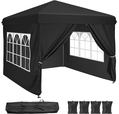 YITAHOME 2,5x2,5 wasserdichte Pavillon Faltpavillon mit Seitenteilen, Höhenverstellbar Faltbarer Pop up Pavillon Perfekt für Outdoor Partys, Camping, Märkte und Festivals, Schwarz