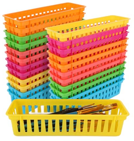 MUXHEL 24pcs Small Plastic Baskets 6 Colors Classroom Storage Baskets Pencil Organiser Storage Baskets Plastic Pencil Pots for Storage Stationery Classroom Office Drawers Desktop
