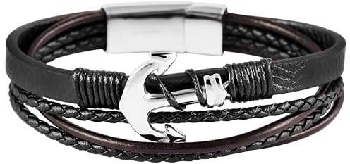 Akzent Aimee Unisex-Armband Leder Edelstahl Damen Herren Anker Länge Magnetverschluss Maritim Trend schwarz (22.5)