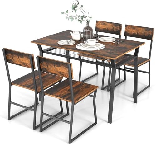 COSTWAY Dining Table and Chairs Set 4, Wood Effect Rectangular Kitchen Table with 4 Chairs, Storage Rack & Foot Pads, Metal Frame Space Saving Dining Set for Home Restaurant (Rustic Brown)
