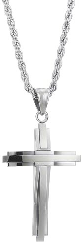 Keiu Zvaigzne Collana Croce Uomo, Acciaio Inossidabile con Collana Uomo Pendente Croce Singolo, Regali per Gioielli Cristiani, Argento/Nero/Oro (ARGENTO)
