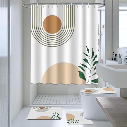 AIBIIN Boho Abstract Shower Curtain Sets 4 Piece Modern Plant Leaves with Non-Slip Rugs Toilet Lid Cover and Bath Mat Bohemian Bath Curtains for Bathroom Decor with 12 Hooks