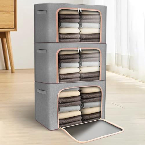 ZONJIE Clothes Storage Bags, Foldable Clothes Storage Boxes with Lids, Clear Window & Carry Handles, Cotton Linen Cloth Steel Frame Box with Zippers for Comforters, Blankets, Bedding (3, 24L)