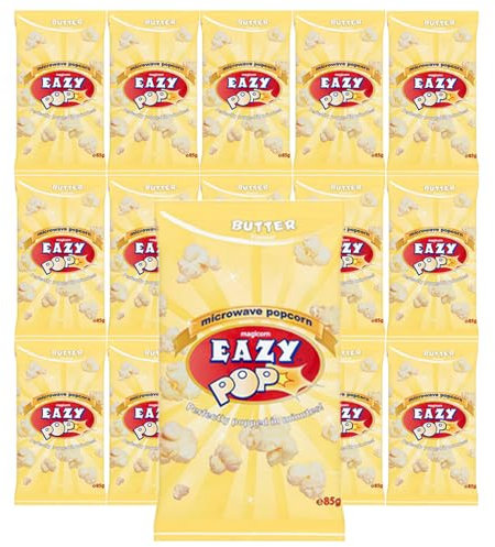 Eazypop Microwave Popcorn Butter Flavour 85g Pack of 16 Vegetarian Light Sharing Maize Snack Sharing Ready in 2-4min with Welari Thank You Card | (16pack) (1360g)