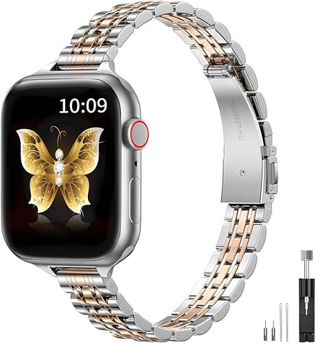 Metall Armband Kompatibel mit Apple Watch Armband 38mm 40mm 41mm 42mm 44mm 45mm 46mm 49mm, Damen Herren Mode Schlank Edelstahl Metall Armband für iWatch Ultra/Ultra 2, SE, Serie 10 9 8 7 6 5 4 3 2 1